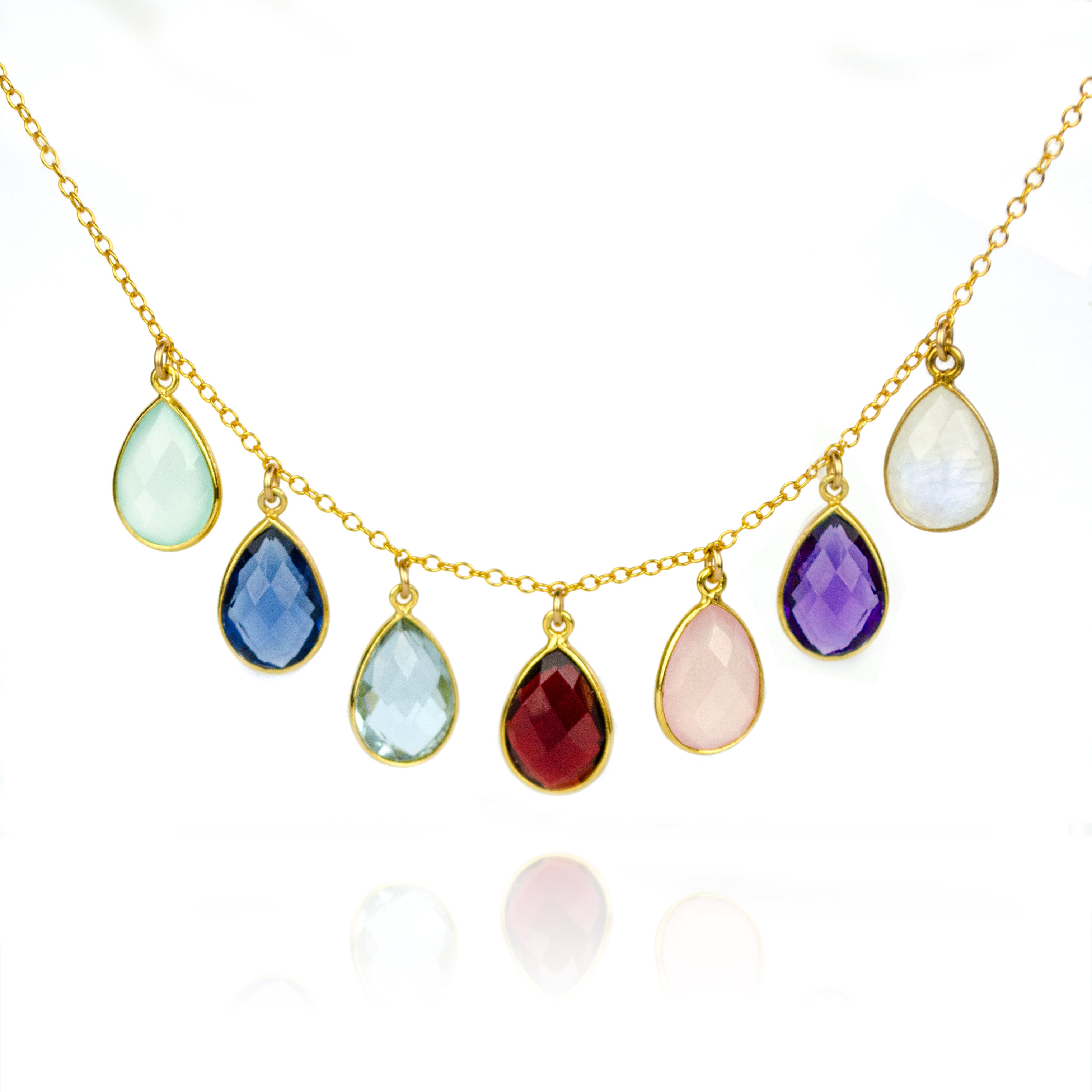 Family Necklace Mother's Birthstone Charm Necklace Collar Necklace Teardrop Birthstones with aqua chalcedony, kyanite, sky blue, garnet, pink chalcedony, purple amethyst and moonstone