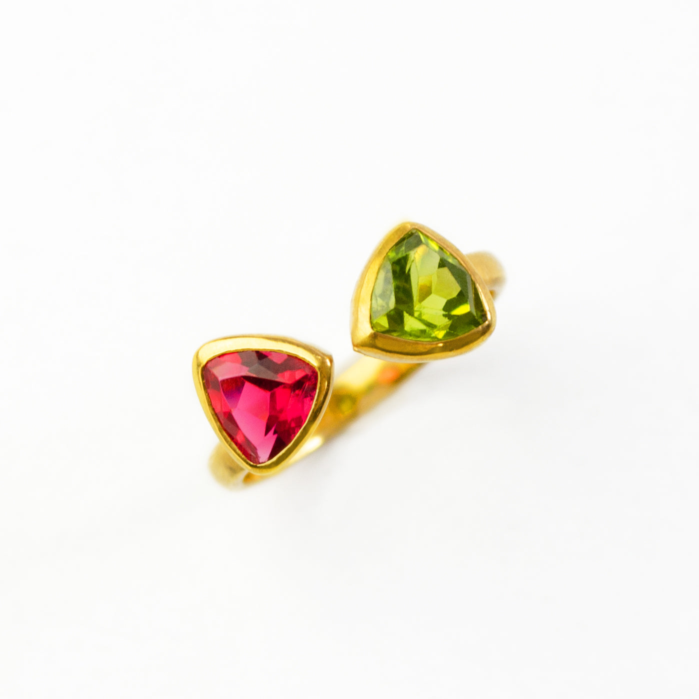 A ruby and peridot ring. July birthstone, august birthstone, gemstone triangle ring, dual birthstone ring