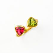 A ruby and peridot ring. July birthstone, august birthstone, gemstone triangle ring, dual birthstone ring