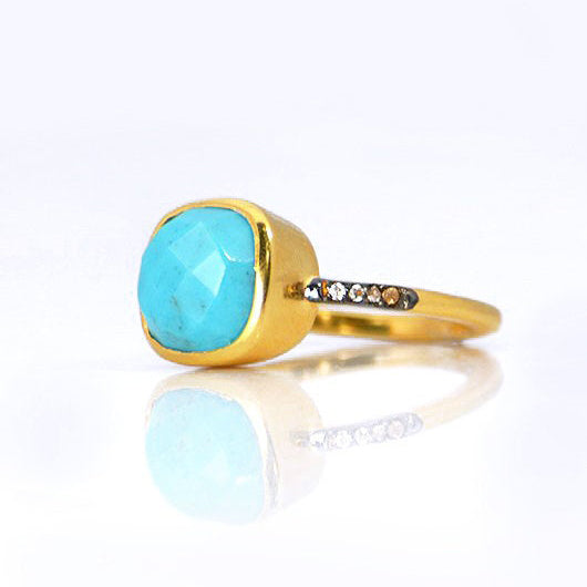 Gold plated Turquoise ring with topaz accents, december birthstone jewelry, blue gemstone ring, square cushion faceted turquoise, Bezel set ring, Sterling silver ring, turquoise gift, december birthday gift, turquoise ring for her
