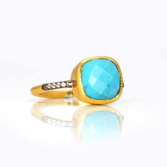 Gold plated Turquoise ring with topaz accents, december birthstone jewelry, blue gemstone ring, square cushion faceted turquoise, Bezel set ring, Sterling silver ring, turquoise gift, december birthday gift, turquoise ring for her