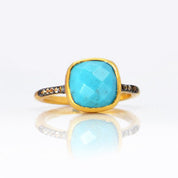 Gold plated Turquoise ring with topaz accents, december birthstone jewelry, blue gemstone ring, square cushion faceted turquoise, Bezel set ring, Sterling silver ring, turquoise gift, december birthday gift, turquoise ring for her