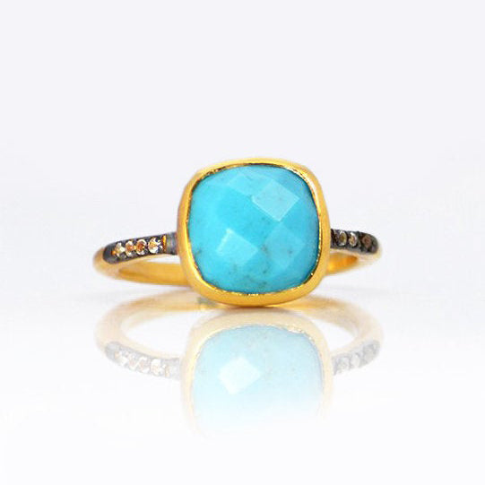 Gold plated Turquoise ring with topaz accents, december birthstone jewelry, blue gemstone ring, square cushion faceted turquoise, Bezel set ring, Sterling silver ring, turquoise gift, december birthday gift, turquoise ring for her