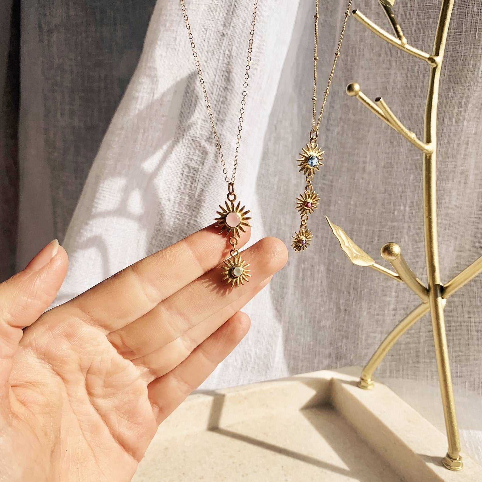 vermeilgoldbirthstonesunshinenecklaceyellowgoldgemstonenecklaceconnectorsunburstpendants
