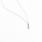 Single sterling silver vertical bar necklace with green onyx, pink chalcedony and blue topaz