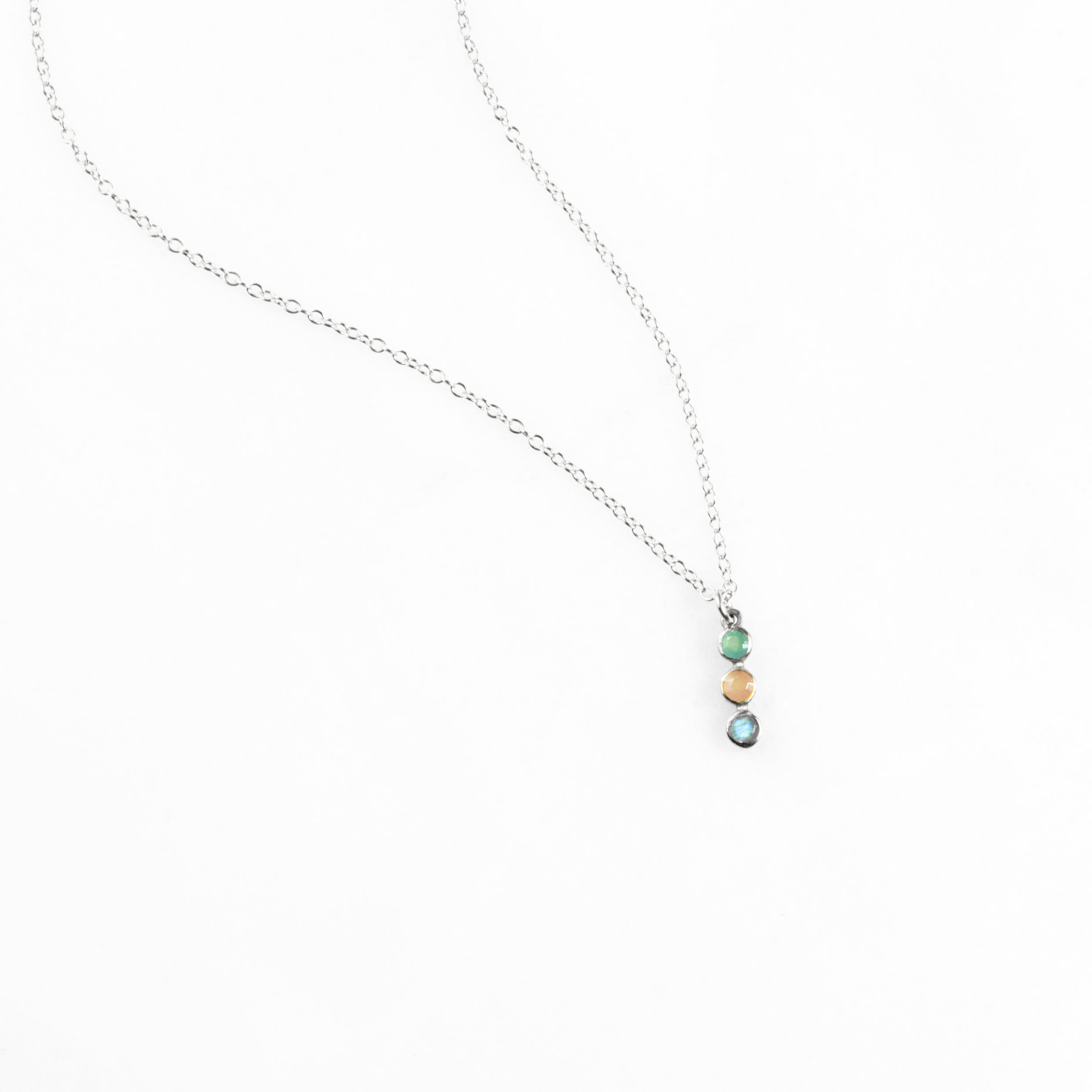 Single sterling silver vertical bar necklace with green onyx, pink chalcedony and blue topaz