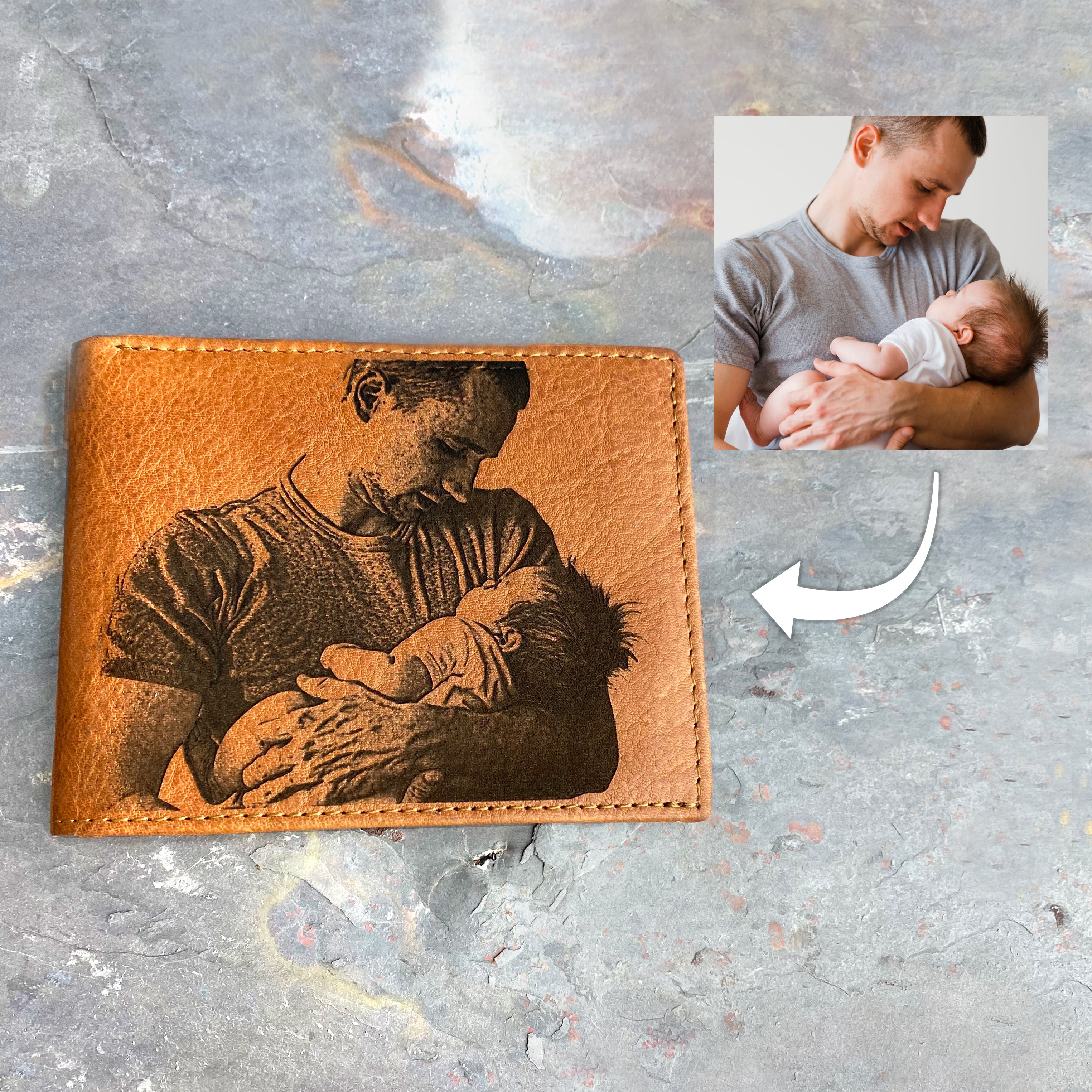 Personalized honey wallet from photograph of dad and newborn baby. Great gift for dads, Father's Day, Retirement, new job or promotion or for your wedding party, dad gift, fathers day gift, gift for dad, gift for him, christmas, groomsman gift, promotion gift, grad gift, graduation gift. anniversary gift, leather anniversary, 3rd anniversary, third anniversary, gift for wife, gift for fiance, gift for girlfriend, gift for boyfriend, custom gift, personalized gift, personalized leather accessories, engraved 