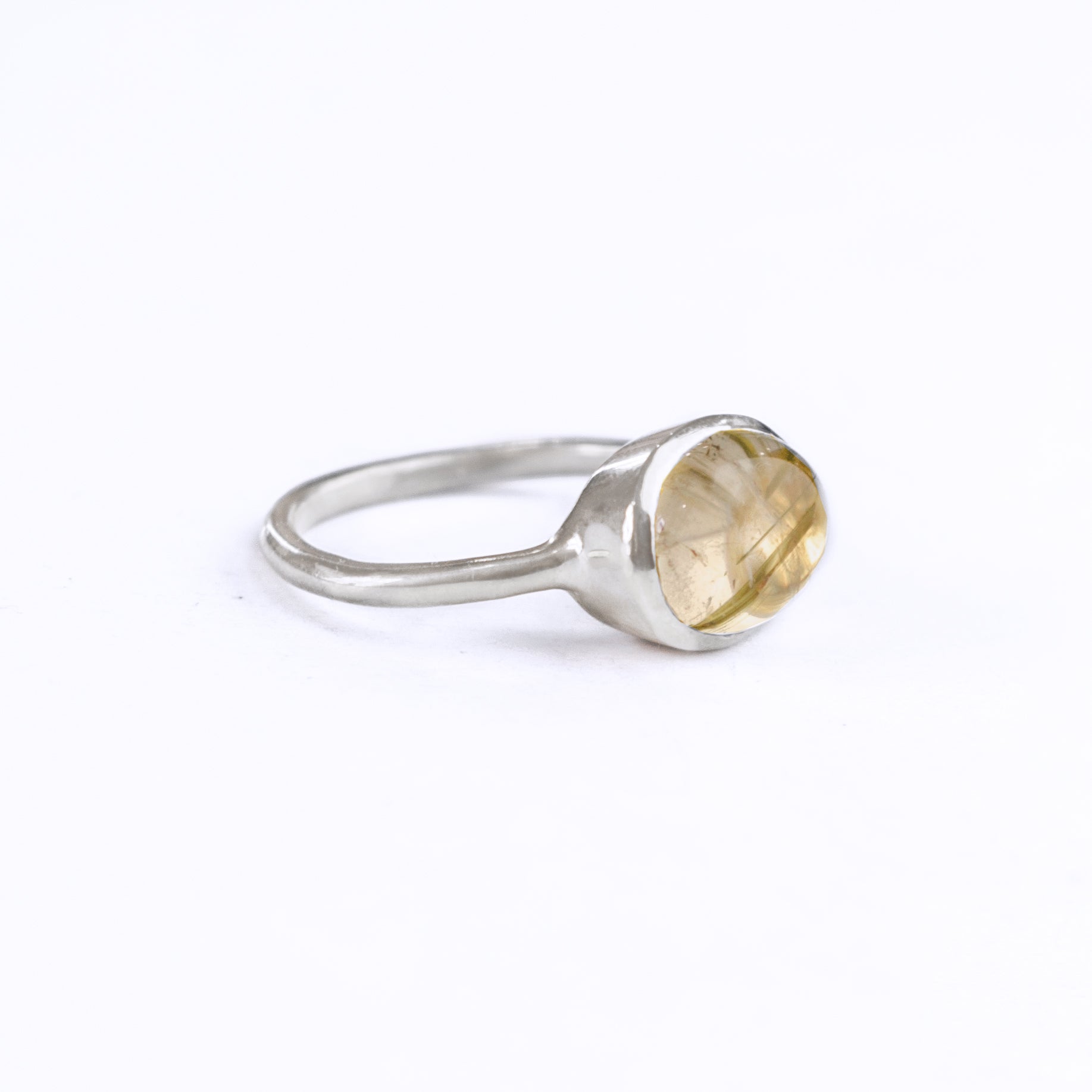 Oval Golden Rutilated Quartz Cabochon Ring, Bezel Set Birthstone Ring in Sterling Silver, Gold or Rose Gold